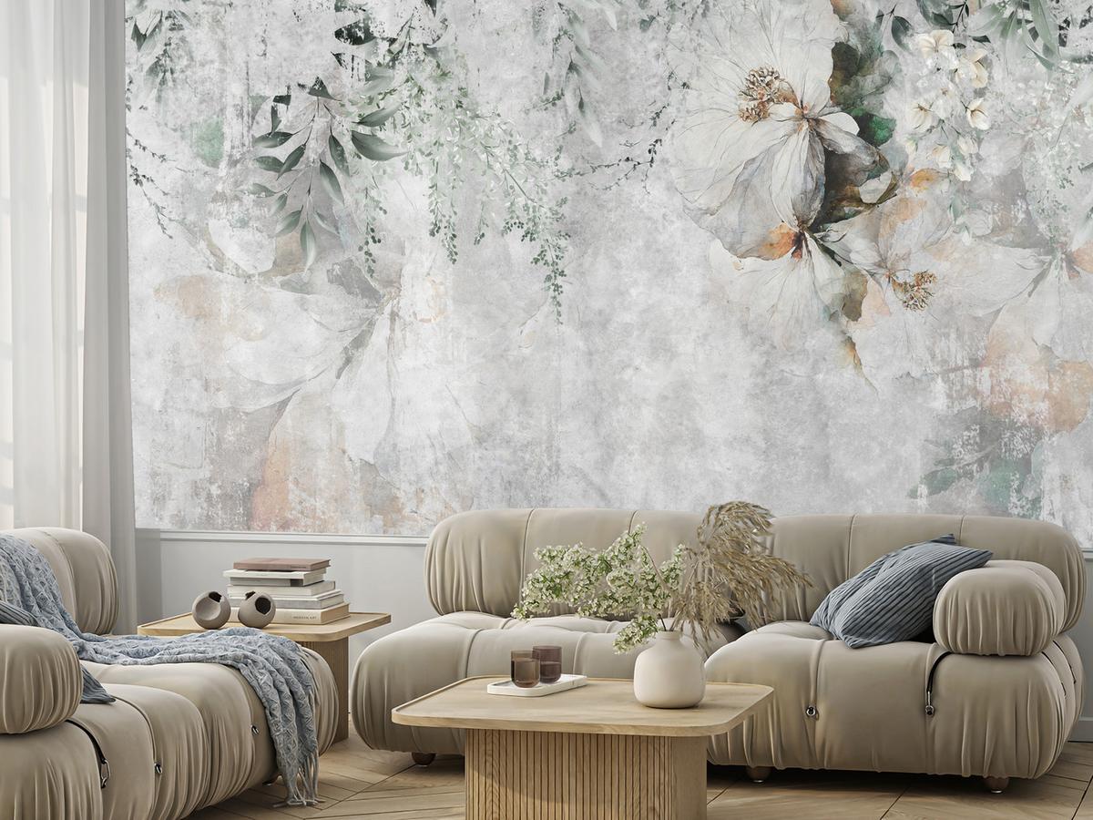 FOTOTAPETE für Esszimmer Zarte Blumen Blätter Beton 100x70 - Orange/Grau, Papier (100/70cm) - Muralo