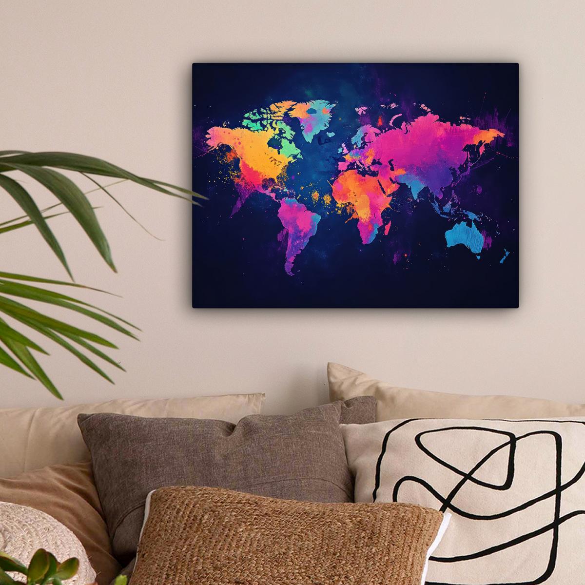 LEINWANDBILD Weltkarte - Bunt - Graffiti Wandbild 40x30 cm - Multicolor, Textil (40/30cm) - MuchoWow