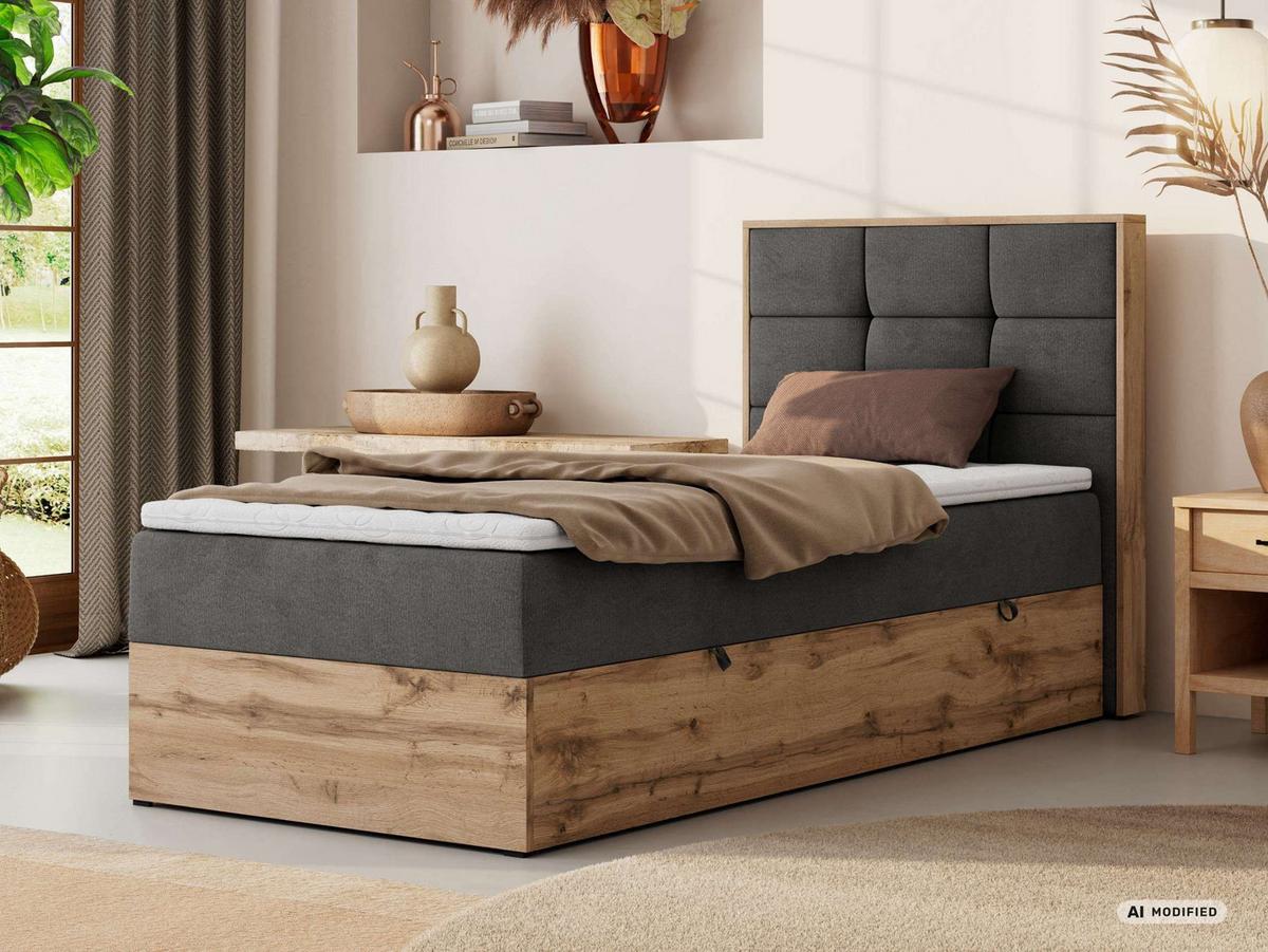 BOXBETT ALBERO 1 90/200 - Dunkelgrau Velvet - Topper Visco - H4 - Rechts - Dunkelgrau/Schwarz, Kunststoff/Textil (90/200cm) - MKS