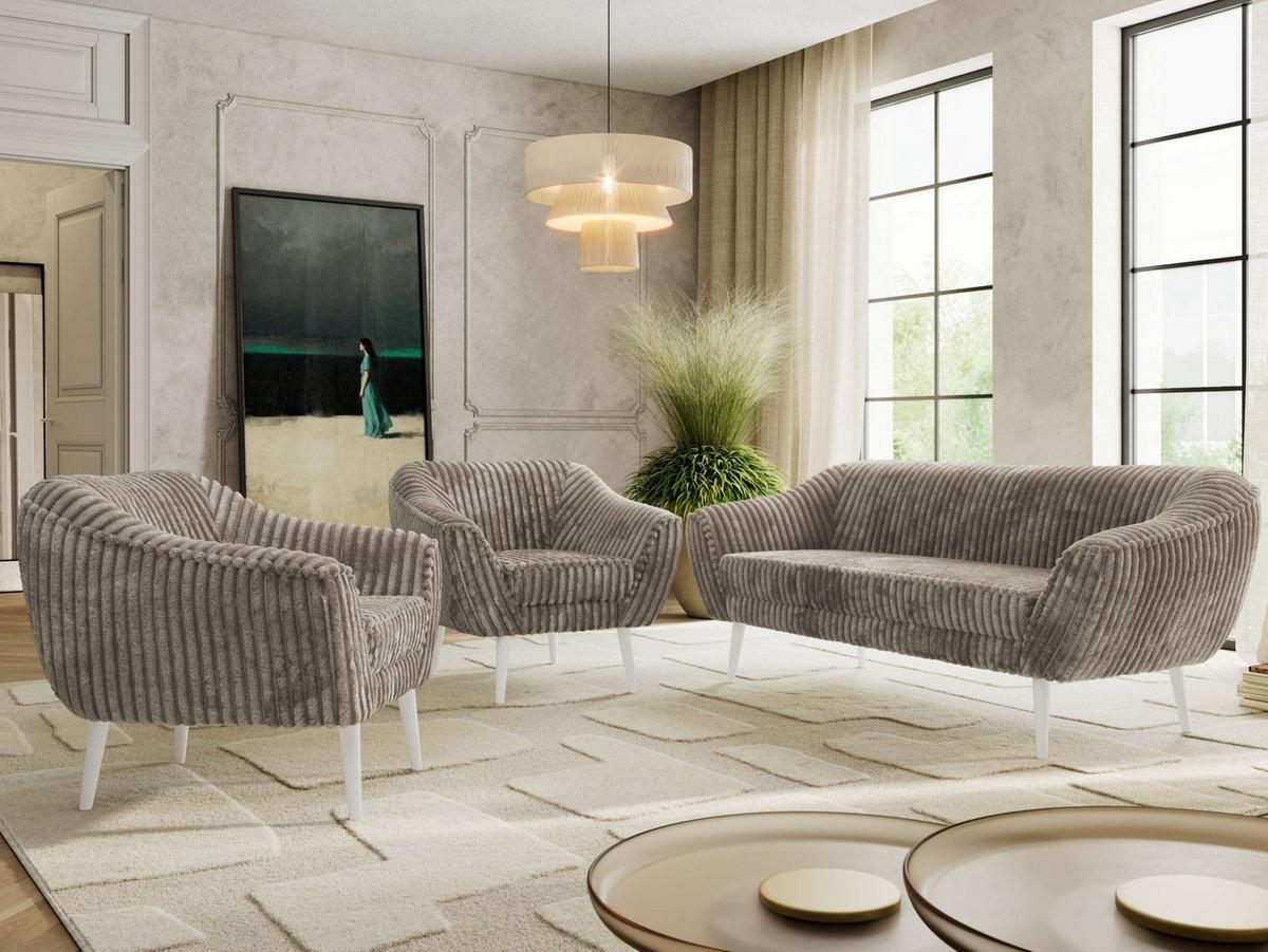SITZGARNITUR PIRS 3+1+1 - Hellbraun Cord - Weiße Beine - Hellbraun/Weiß, Holzwerkstoff/Textil (180/75/74cm) - MKS