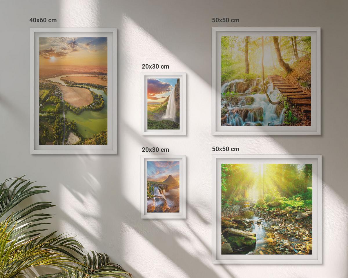 BILDER SET 5er Set - 50x50 cm & 20x30 cm & 40x60 cm Weißer Rahmen - Orange Mountain Wasserfall - Weiß, Kunststoff (40/60cm) - TULUP