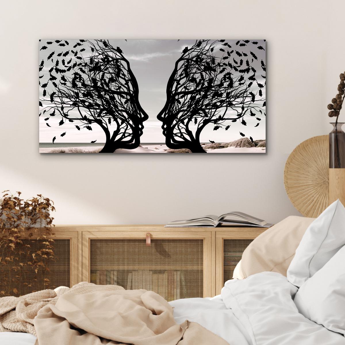 METALLBILD Strand - Meer - Menschen - Baum - Moderne Kunst 80x40 cm - Hellgrau, Metall (80/40cm) - MuchoWow