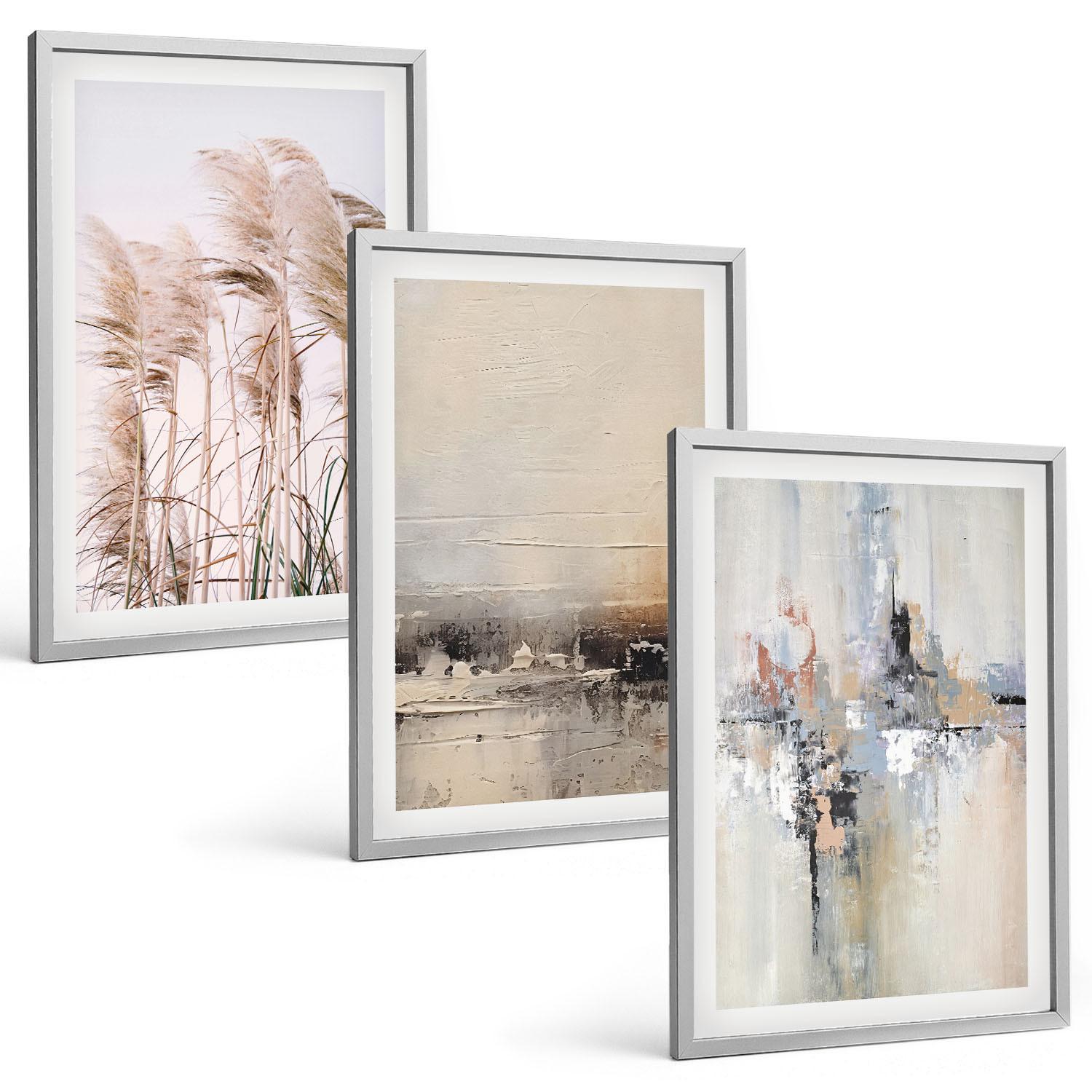 BILDER SET 3er Set - 40x60 cm Silberner Rahmen - Abstrakte Vegetationsmuster - Silberfarben, Kunststoff (40/60cm) - TULUP