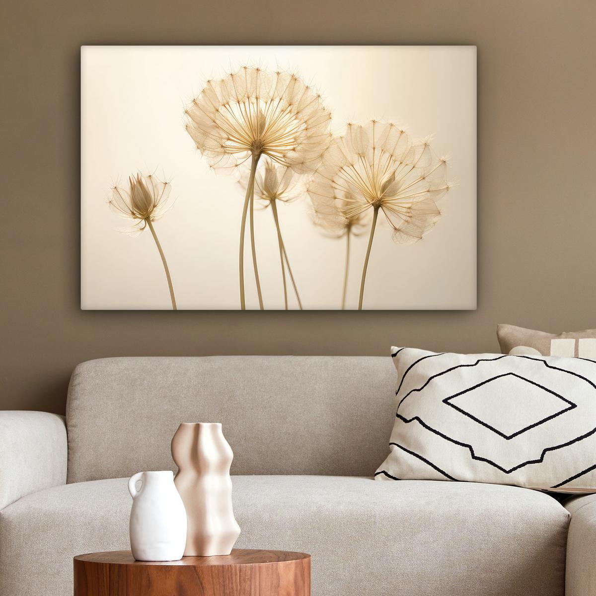 LEINWANDBILD Sonnenlicht - Löwenzahn - Botanisch - Blumen Gemälde 60x40 cm - Creme, Textil (60/40cm) - MuchoWow