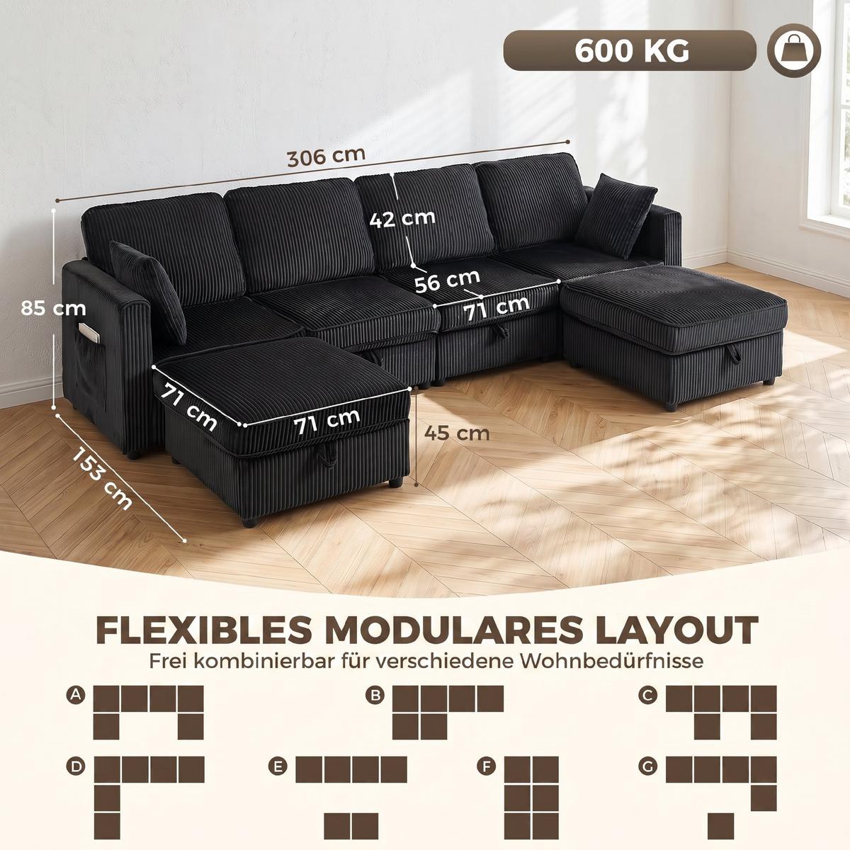 ECKSOFA Cord Dunkelgrau - Dunkelgrau/Schwarz, Kunststoff/Textil (153/306cm) - HOMCOM