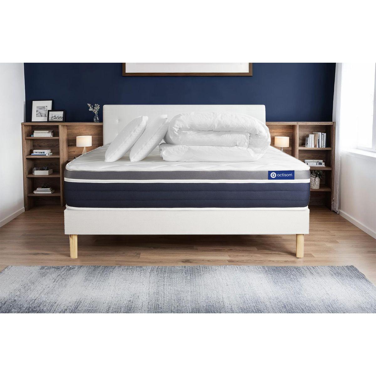 BETT Actilatex confort Latex und Memory-Schaum 160 x 200 cm h2 - Kit Bettgestell Weiß - Mit Kissen und Bettdecke - Beige/Weiß, Karton/Holz (160/200cm) - ACTISOM