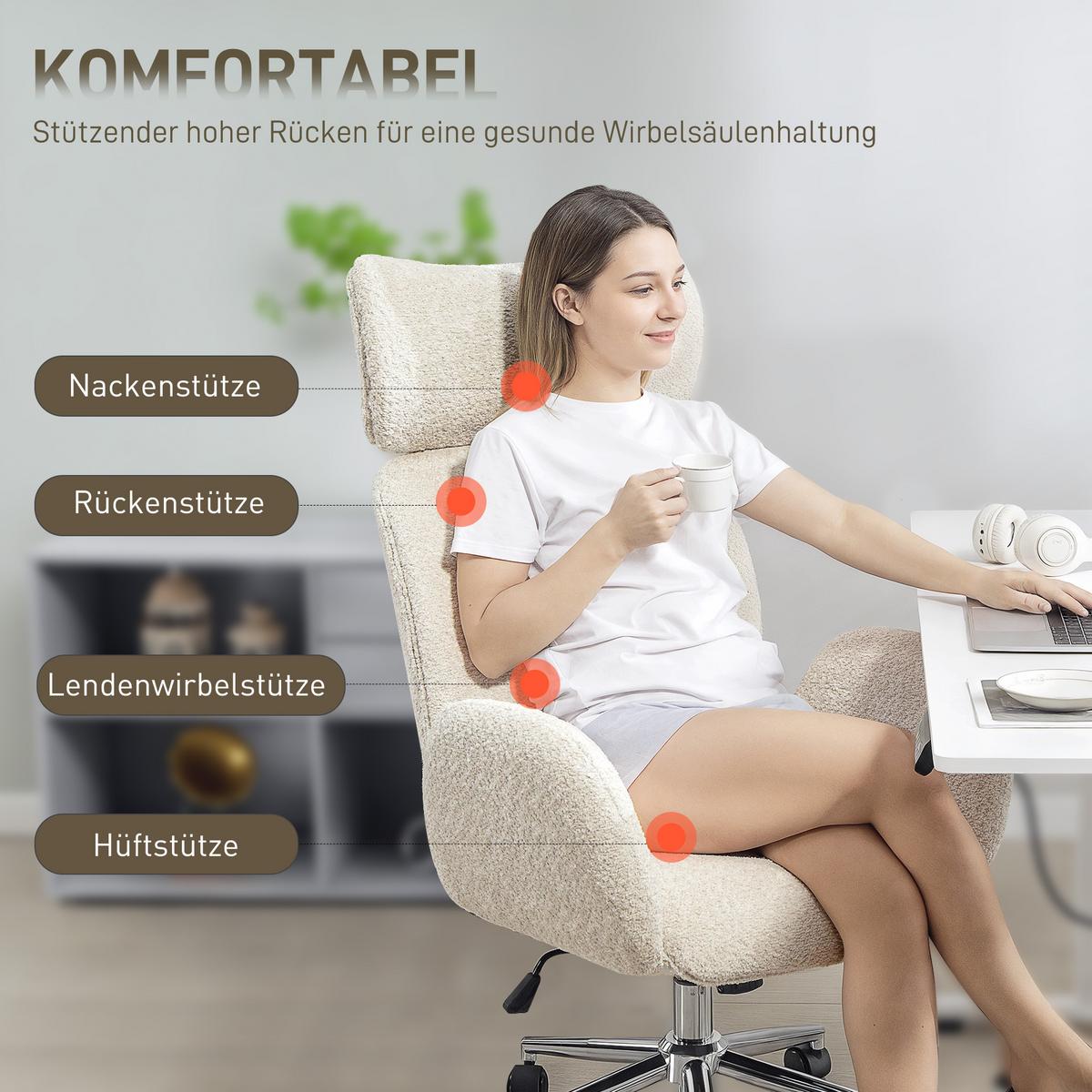 SCHREIBTISCHSTUHL Höhenverstellbar Homeoffice Stuhl mit Armlehne, Grauweiß - Silberfarben/Hellgrau, Textil/Metall (65/123/75cm) - HOMCOM