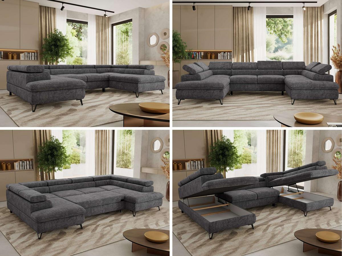 WOHNLANDSCHAFT PABLO U Schenille grob gewebt Grau - Schwarz/Grau, Textil/Metall (346/76/208cm) - MKS