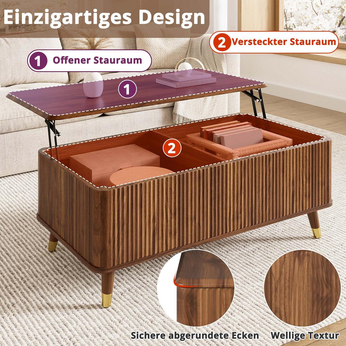 COUCHTISCH holzoptik & 3d-wellen-design mit lift-funktion & verstecktem stauraum - Walnussfarben, Holzwerkstoff (52/97/56.5cm) - Urban Meuble