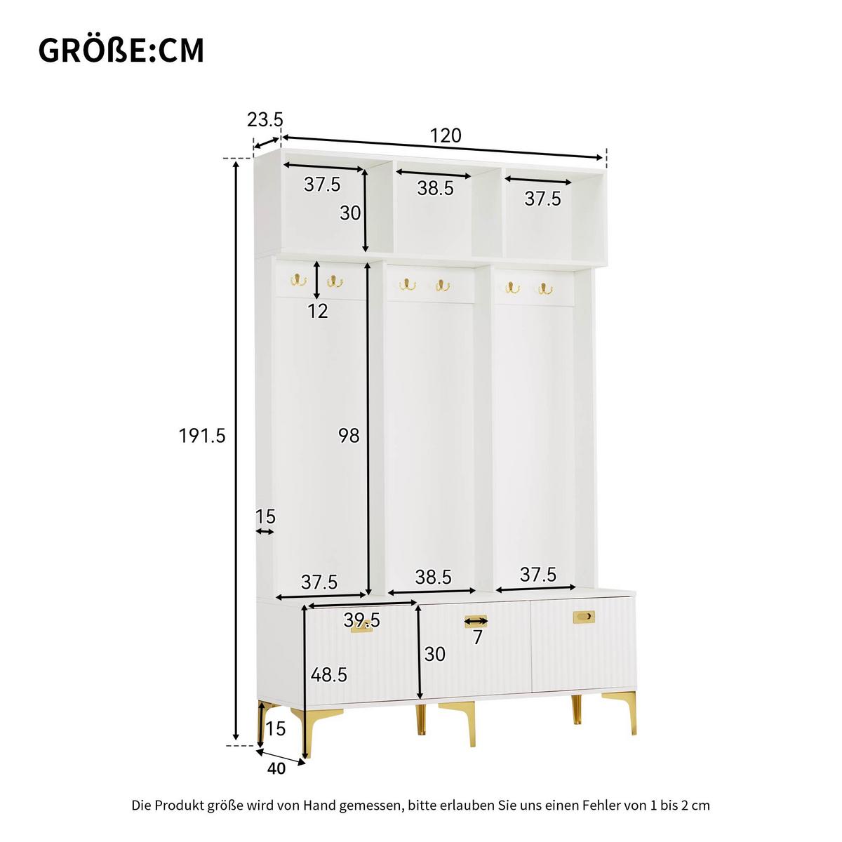 GARDEROBEN weiß & gold, mit sitzbank und 6 haken - Weiß, Holzwerkstoff (120/191/40cm) - Urban Meuble