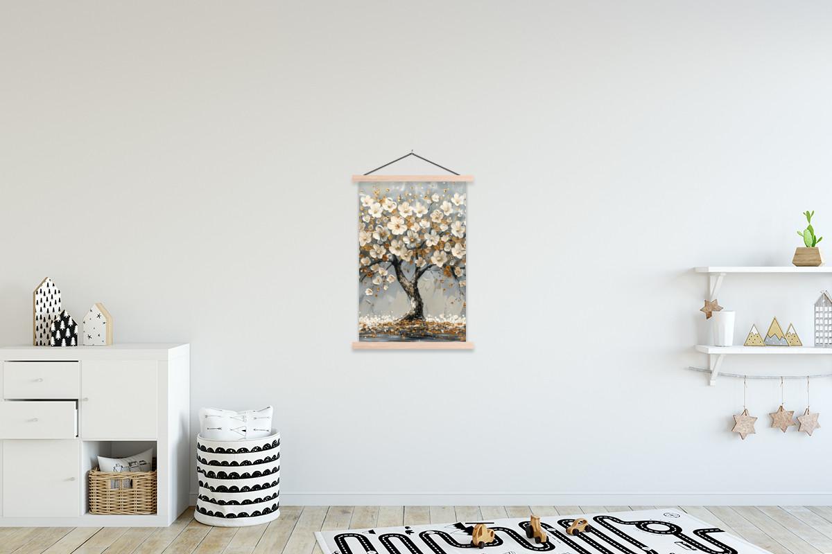 POSTER MIT MAGNETLEISTEN Baum - Blumen - Weiß - Natur - Kunst Wandbild Schlafzimmer 60x90 cm - Weiß, Textil (60/90/0.15cm) - MuchoWow
