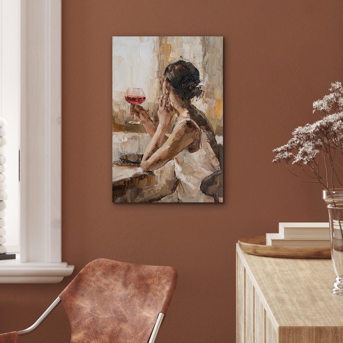 METALLBILD Ölgemälde - Frau - Wein Deko Schlafzimmer 40x60 cm - Hellbraun, Metall (40/60cm) - MuchoWow