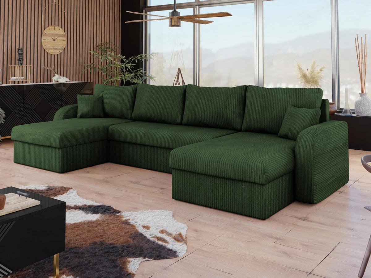 WOHNLANDSCHAFT Kris U Cord - Schwarz/Grün, Holz/Kunststoff (304/80/140cm) - MIRJAN24
