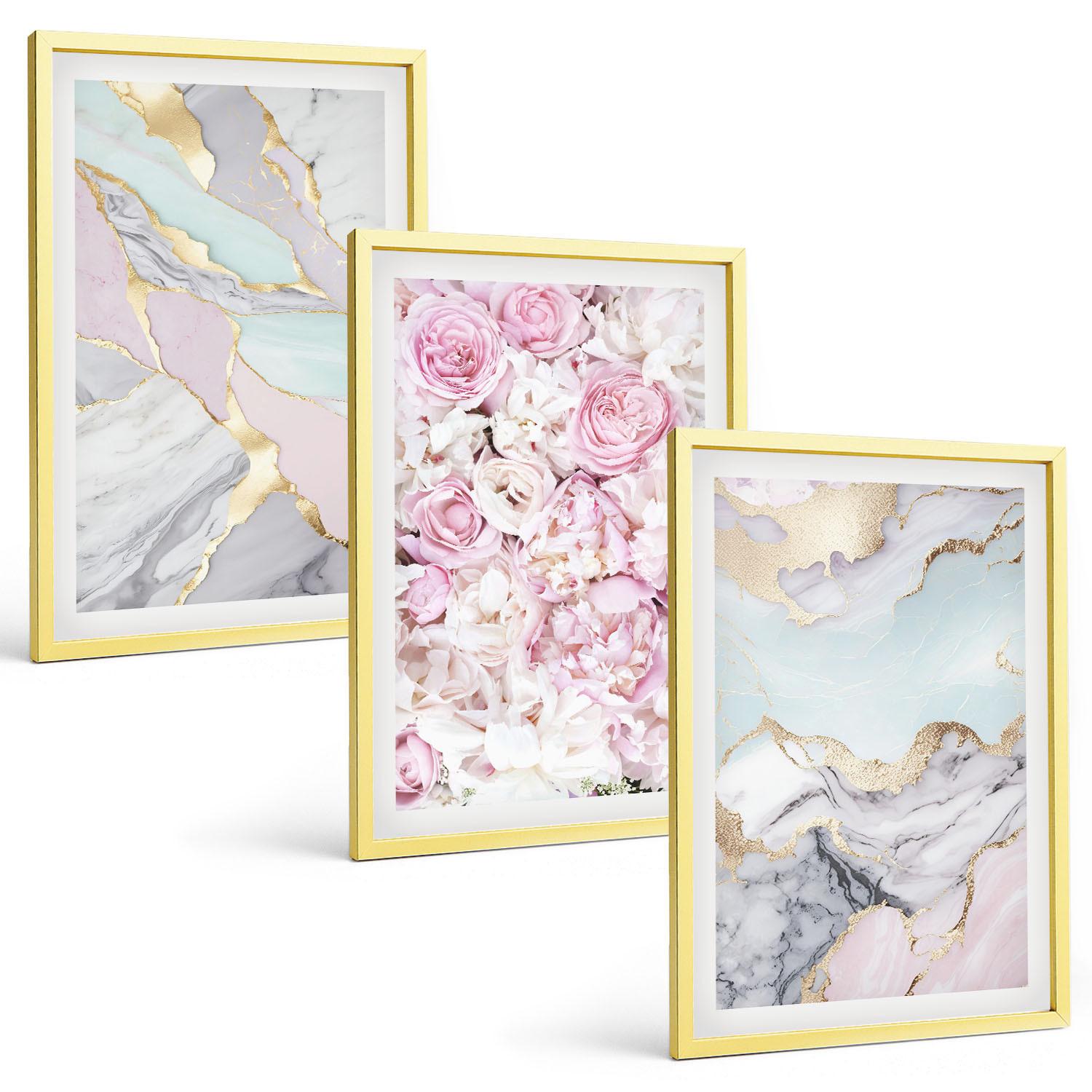 BILDER SET 3er Set - 40x60 cm Goldrahmen - Rosa Blumen Marmor Pastell - Goldfarben, Kunststoff (40/60cm) - TULUP