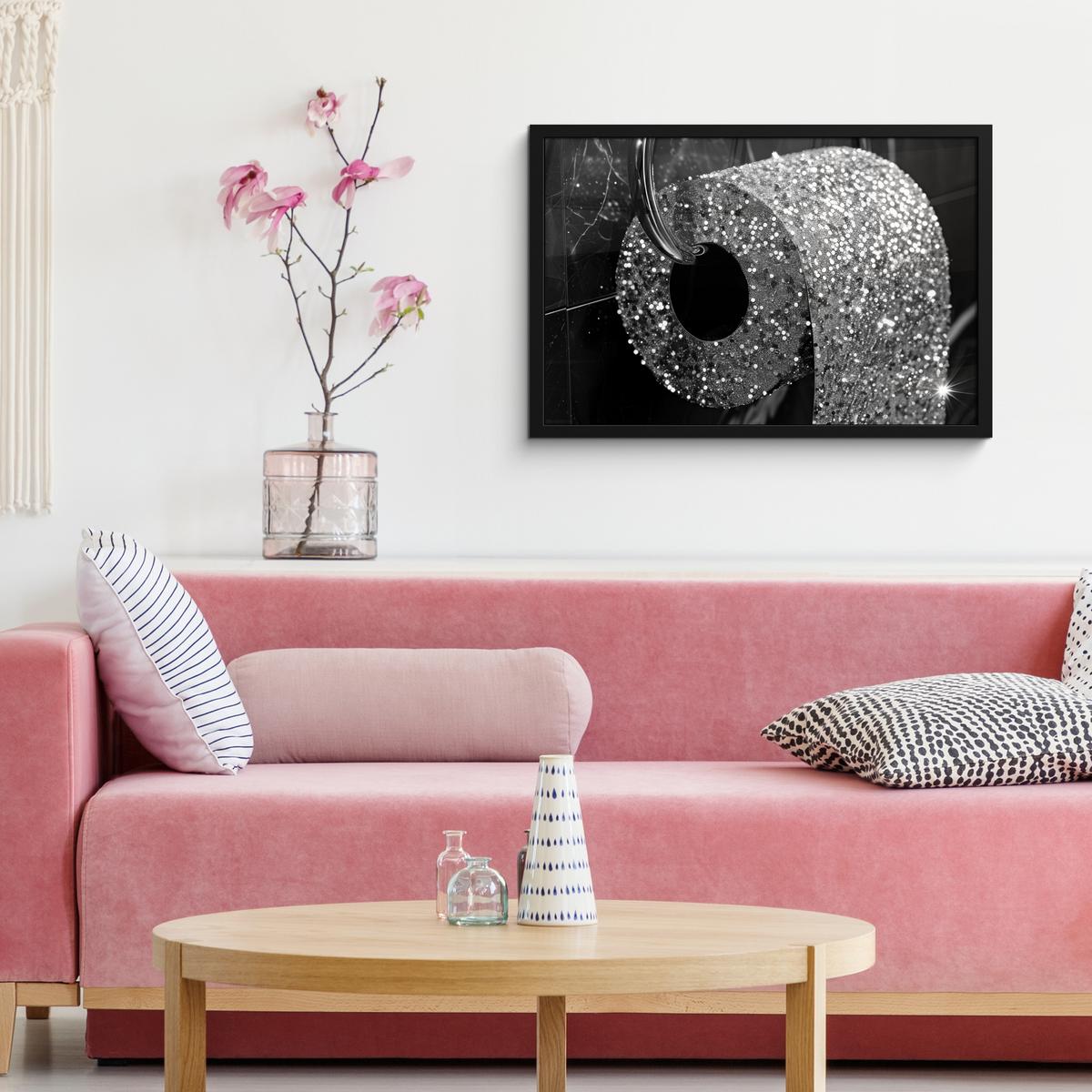 POSTER MIT RAHMENGERAHMTES BILD WC - Toilettenpapier - Schwarz und weiß - Glitter 60x40 cm - Silberfarben, Papier (60/40cm) - MuchoWow