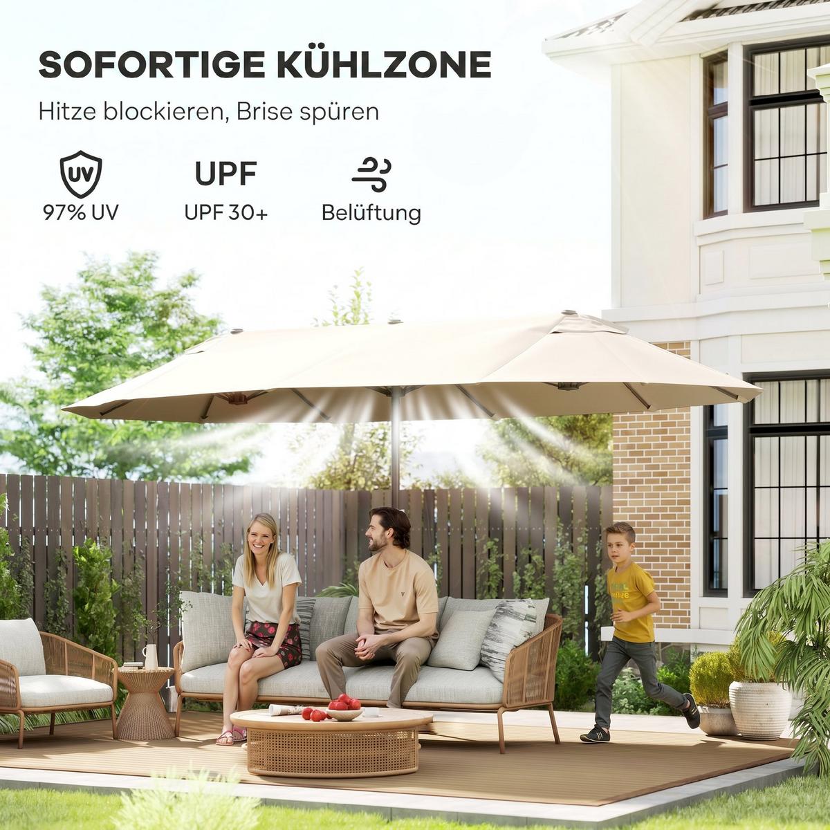 SONNENSCHIRM, Gartenschirm, Marktschirm, Doppelsonnenschirm, Beige, Oval - Beige, Metall (270/455cm) - Outsunny