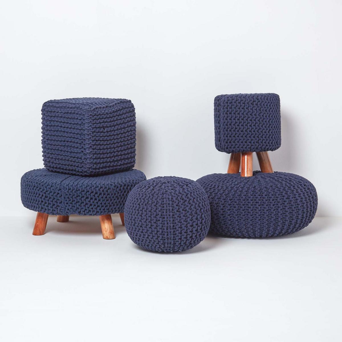 STRICK-HOCKER dunkelblau, rund 62/62/30 cm - Dunkelblau, Textil (62/30/62cm) - Homescapes