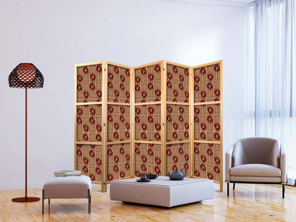 PARAVENT Japanischer 5-tlg 225x172 cm Retro Abstraktion - Braun, Holz/Textil (225/172/3cm) - Muralo