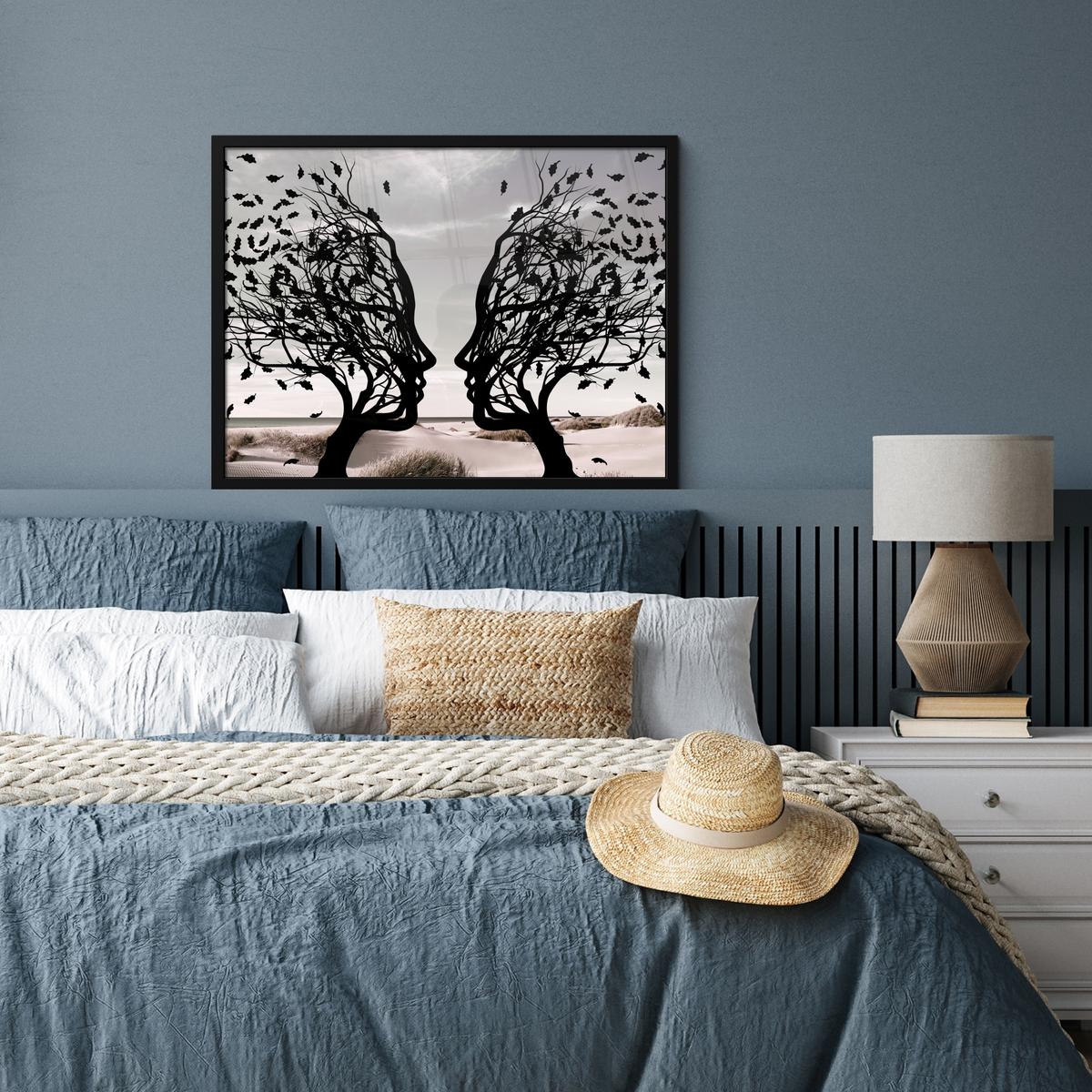 POSTER MIT RAHMENGERAHMTES BILD Strand - Meer - Menschen - Baum - Moderne Kunst 80x60 cm - Hellgrau, Papier (80/60cm) - MuchoWow