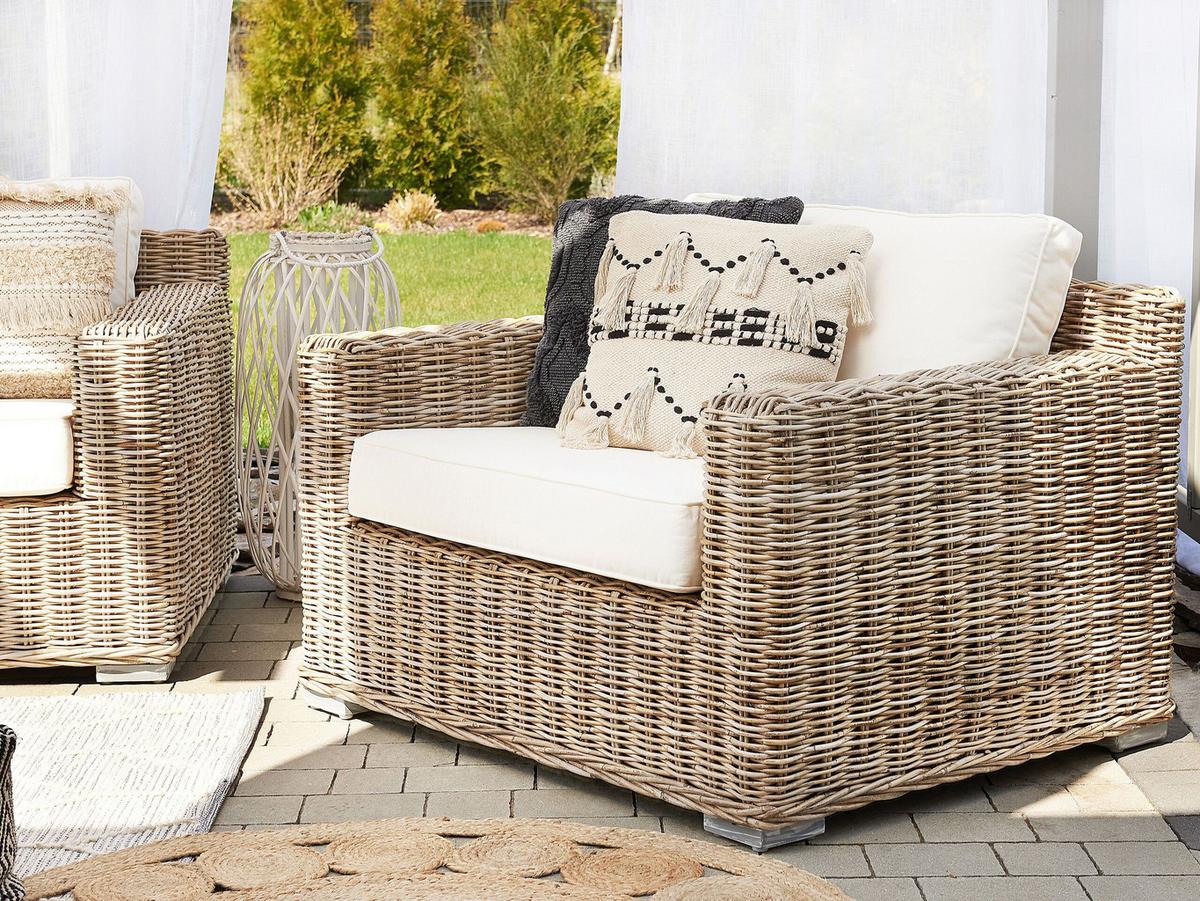 GARTENSESSEL 2er-Set Rattan natürlich Auflagen cremeweiß Ardea - Multicolor/Creme, Naturmaterialien (112/70/90cm) - Beliani