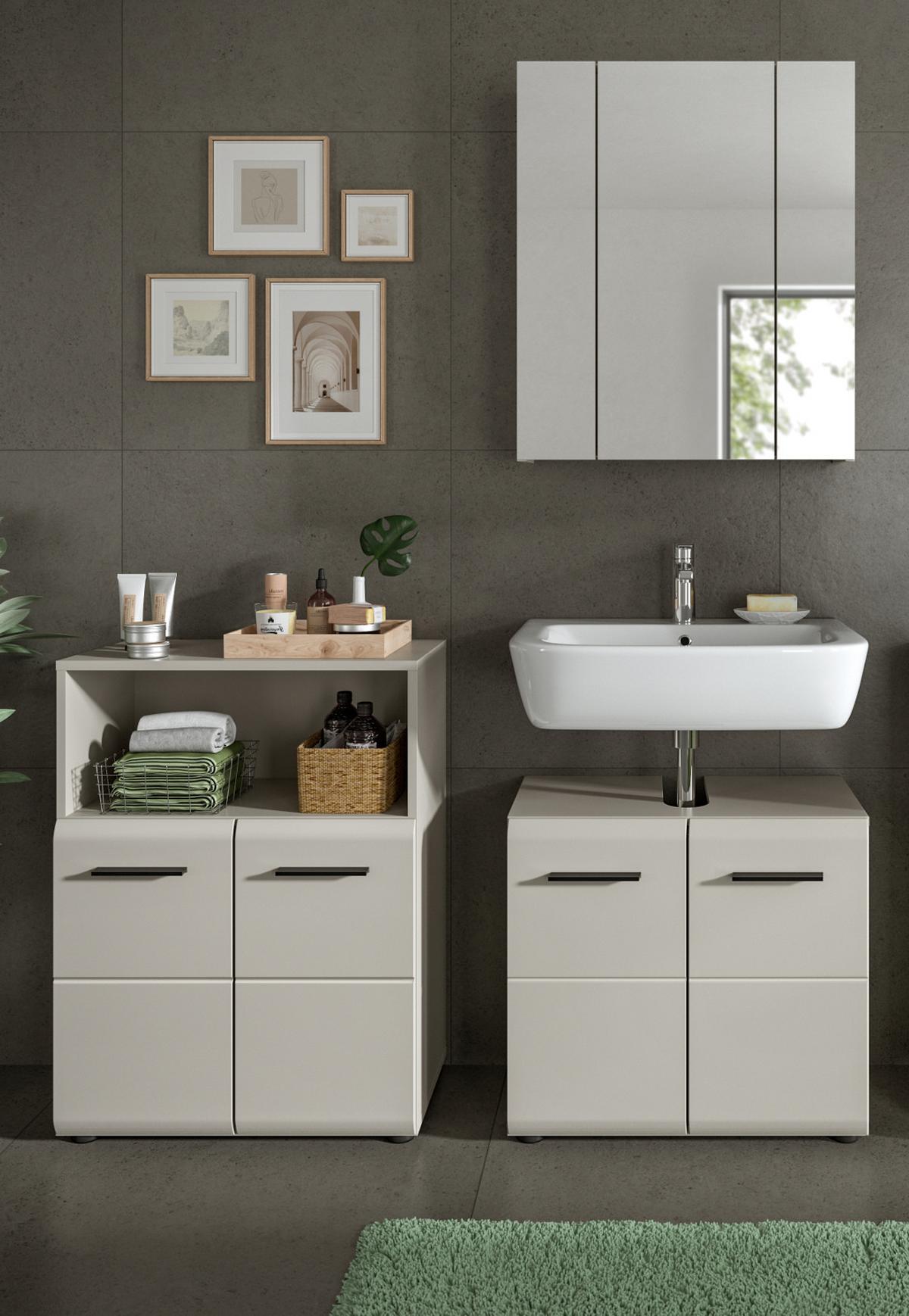 BADMÖBEL-SET Kaschmir 135 cm 3-teilig, Badezimmer Schränke in modernem Design - Kaschmir/Schwarz, Glas/Holzwerkstoff (135/185/30cm) - Inn.Furn