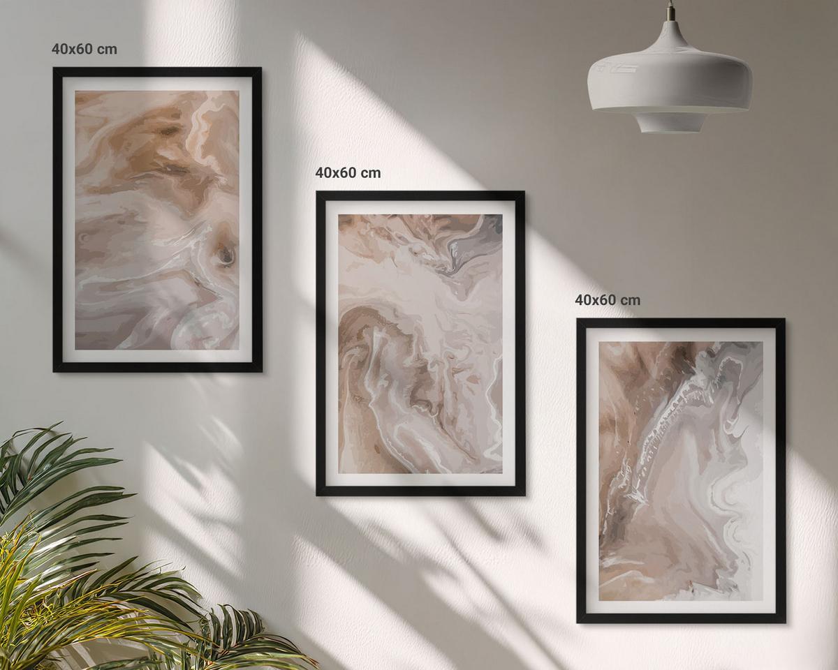 BILDER SET 3er Set - 40x60 cm Schwarzer Rahmen - Abstrakter Marmorstein - Schwarz, Kunststoff (40/60cm) - TULUP