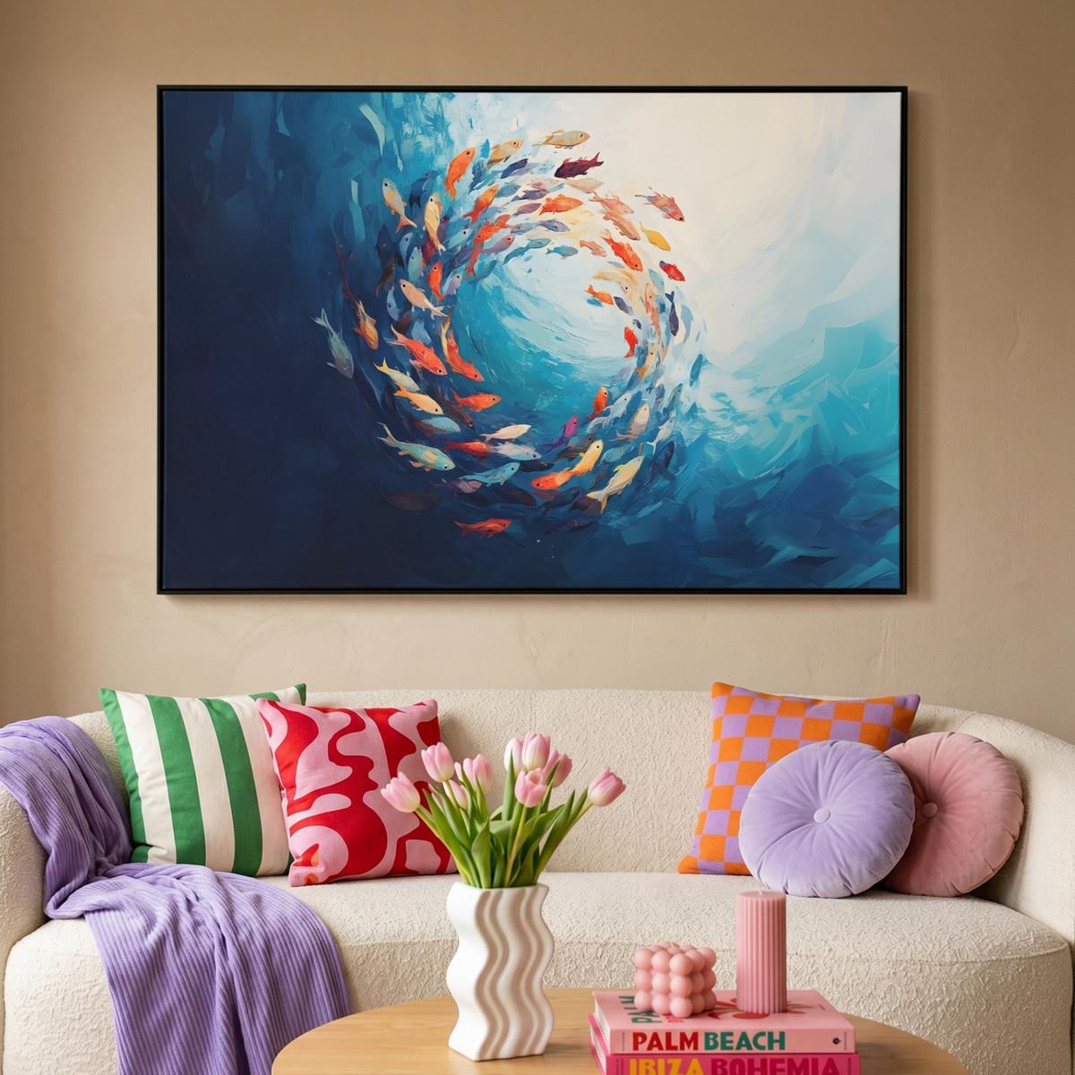 LEINWAND Bilder mit Rahmen - Meer - Fische - Bunt - Dynamisch - 140x90 - Hellblau, Textil (140/90cm) - MuchoWow