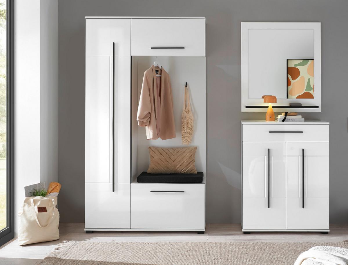 GARDEROBEN-SET weiß Hochglanz 4-teilig 200 cm, Flurgarderobe mit viel Stauraum - Dunkelgrau/Weiß Hochglanz, Glas/Holzwerkstoff (201/200/39cm) - Furn.Design