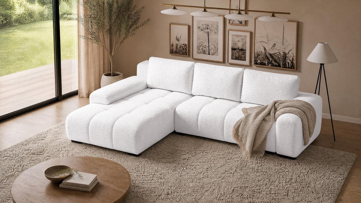 ECKSOFA Ovia mit Bettkasten und Schlaffunktion, Bouclé-Stoff in L-Form - Weiß, Textil (270/185cm)