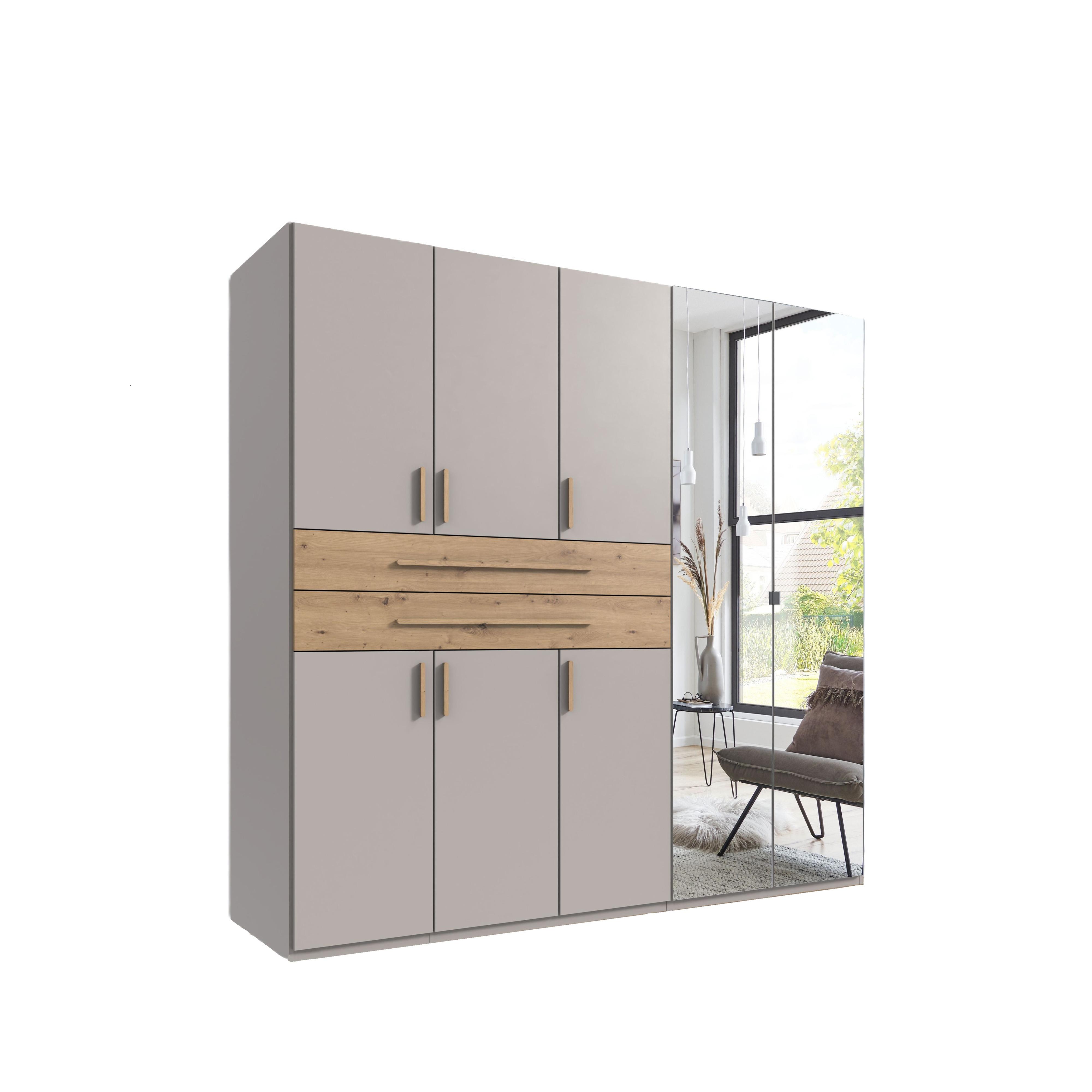 DREHTÜRENSCHRANK B225/H208/T58 cm Beige Grau, Kleiderschrank mit 2 Spiegeltüren, 2 großen Schubkästen & Griffen in Eiche Artisan Dekor / 22636 - Greige/Eiche Artisan, Holzwerkstoff/Kunststoff (225/208/58cm) - luma-home