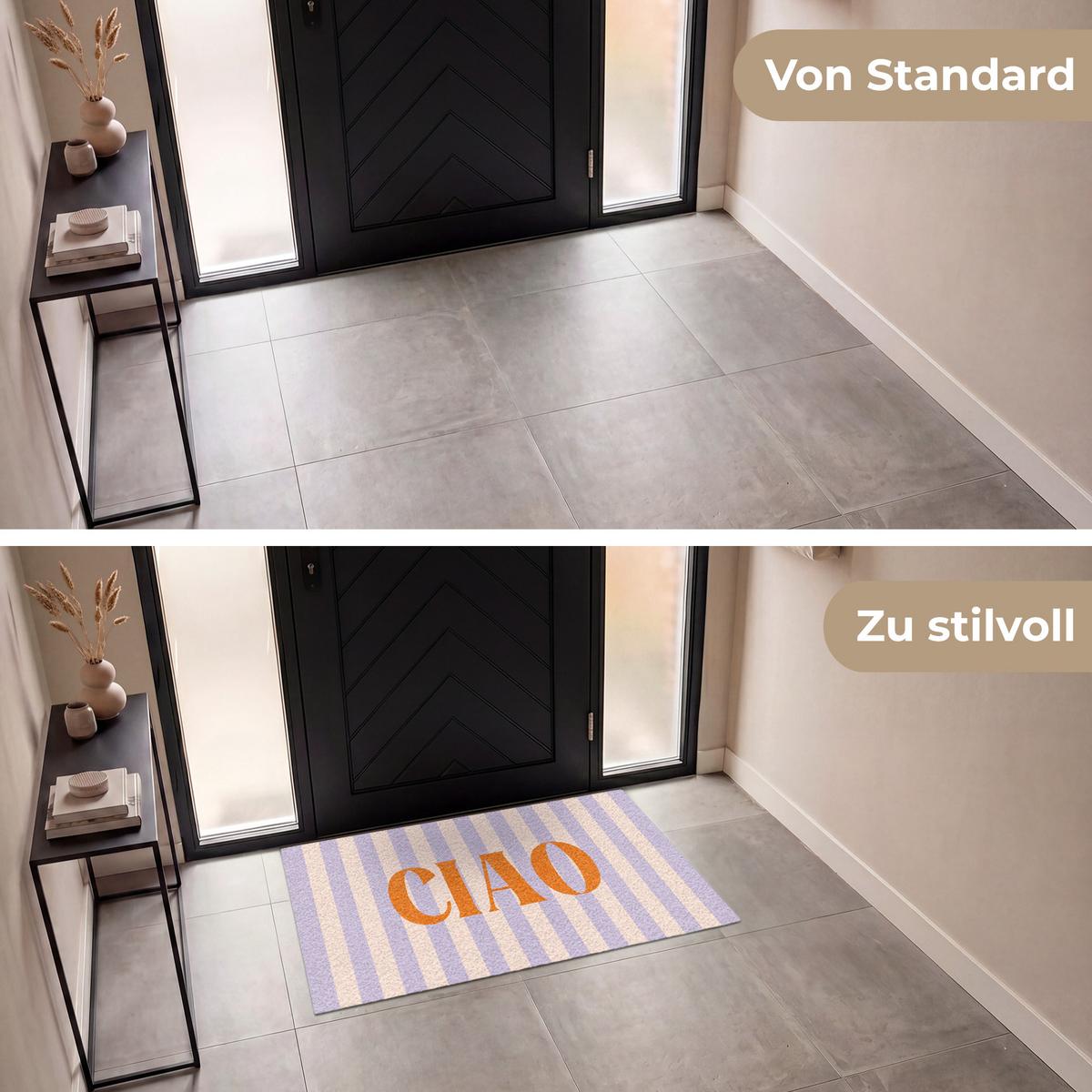 FUSSMATTE Ciao - Zitat - Pastell - Streifen Schmutzfangmatte 120x80 cm - Flieder, Kunststoff (120/0.4cm) - MuchoWow