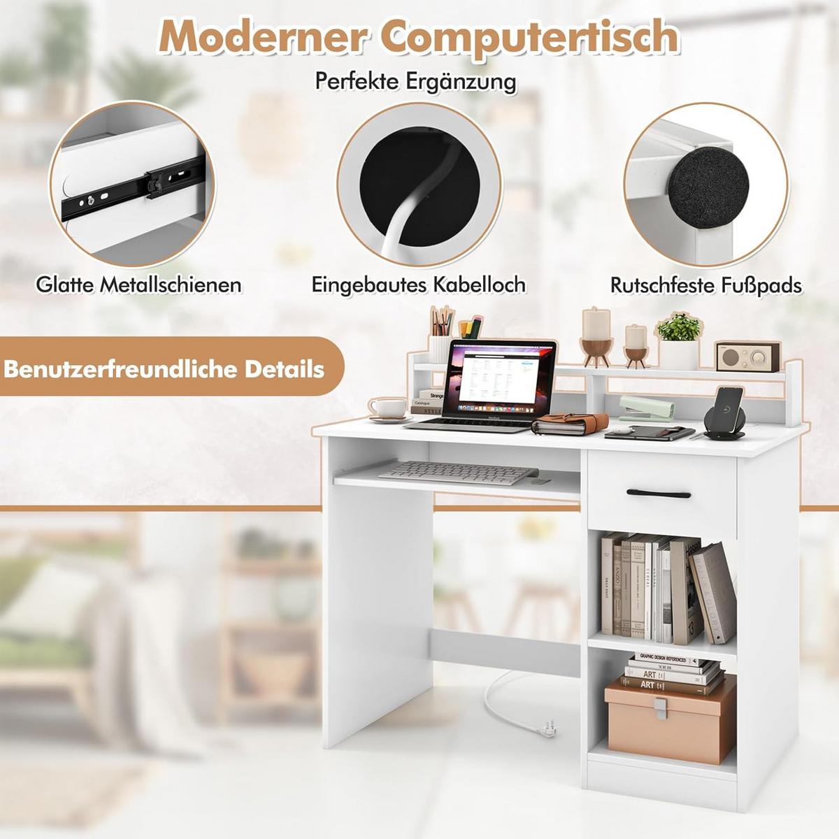 COMPUTERTISCH weiß - Weiß, Holzwerkstoff (55/105/89cm) - COSTWAY