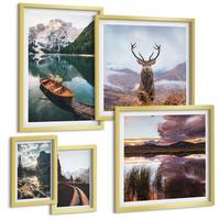 BILDER SET 5er Set - 50x50 cm & 20x30 cm & 40x60 cm Goldrahmen - Bergsee, Bootsfahrt, Sonnenuntergang, Hirsche - Goldfarben, Kunststoff (40/60cm) - TULUP