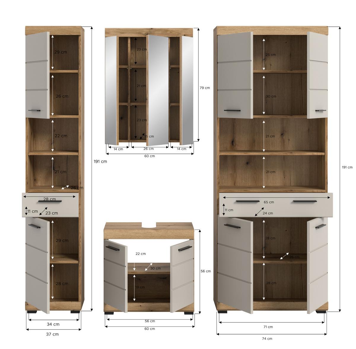 BADMÖBEL-SET 4-teilig Sand Kashmir, Evoke Eiche, Badkombination 200 x 191 cm - Kaschmir/Eichefarben, Glas/Holzwerkstoff (201/191/34cm) - Inn.Furn