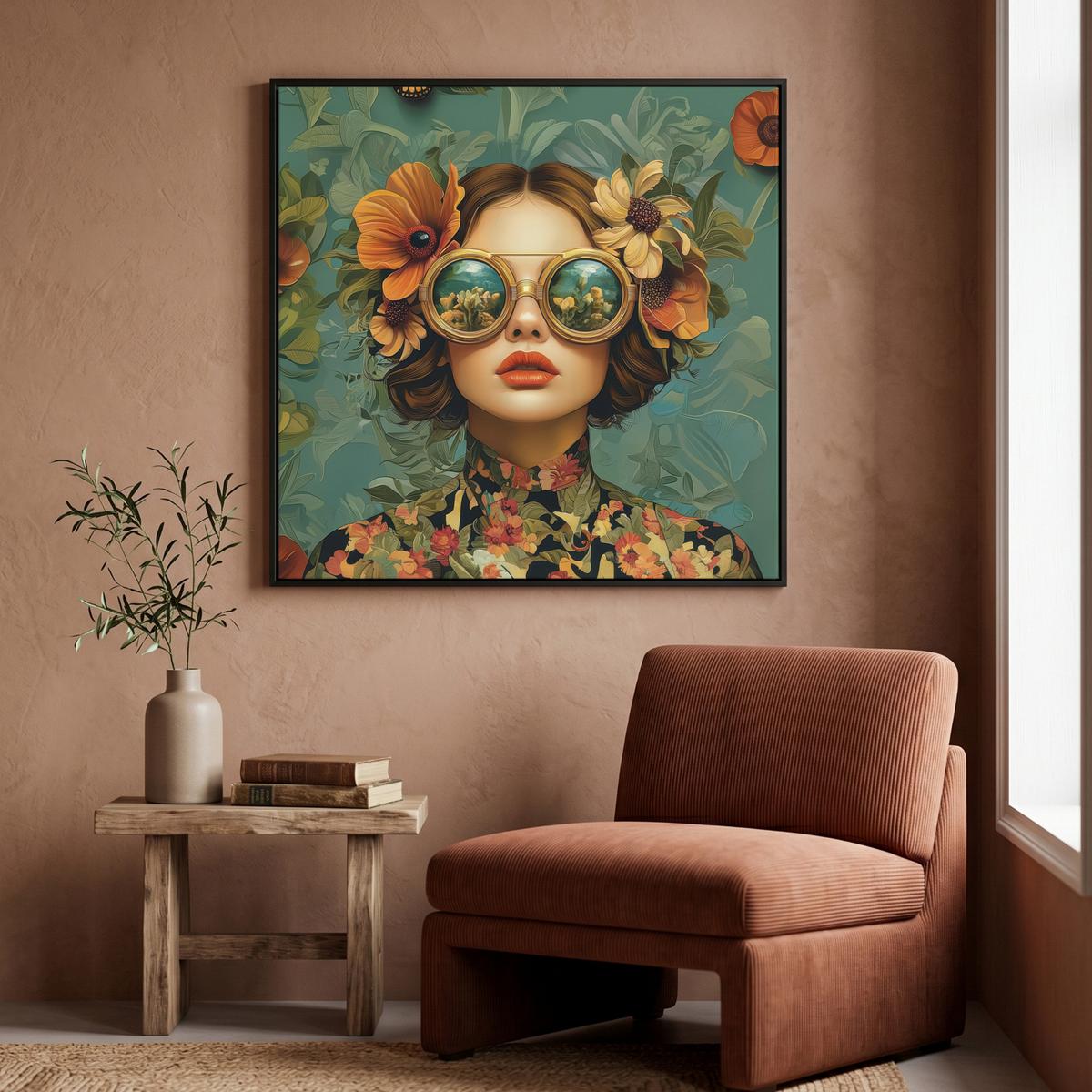 LEINWAND Bilder mit Rahmen - Frau - Blumen - Schmetterlinge - Natur - Vintage - 90x90 - Salbeigrün, Textil (90/90cm) - MuchoWow