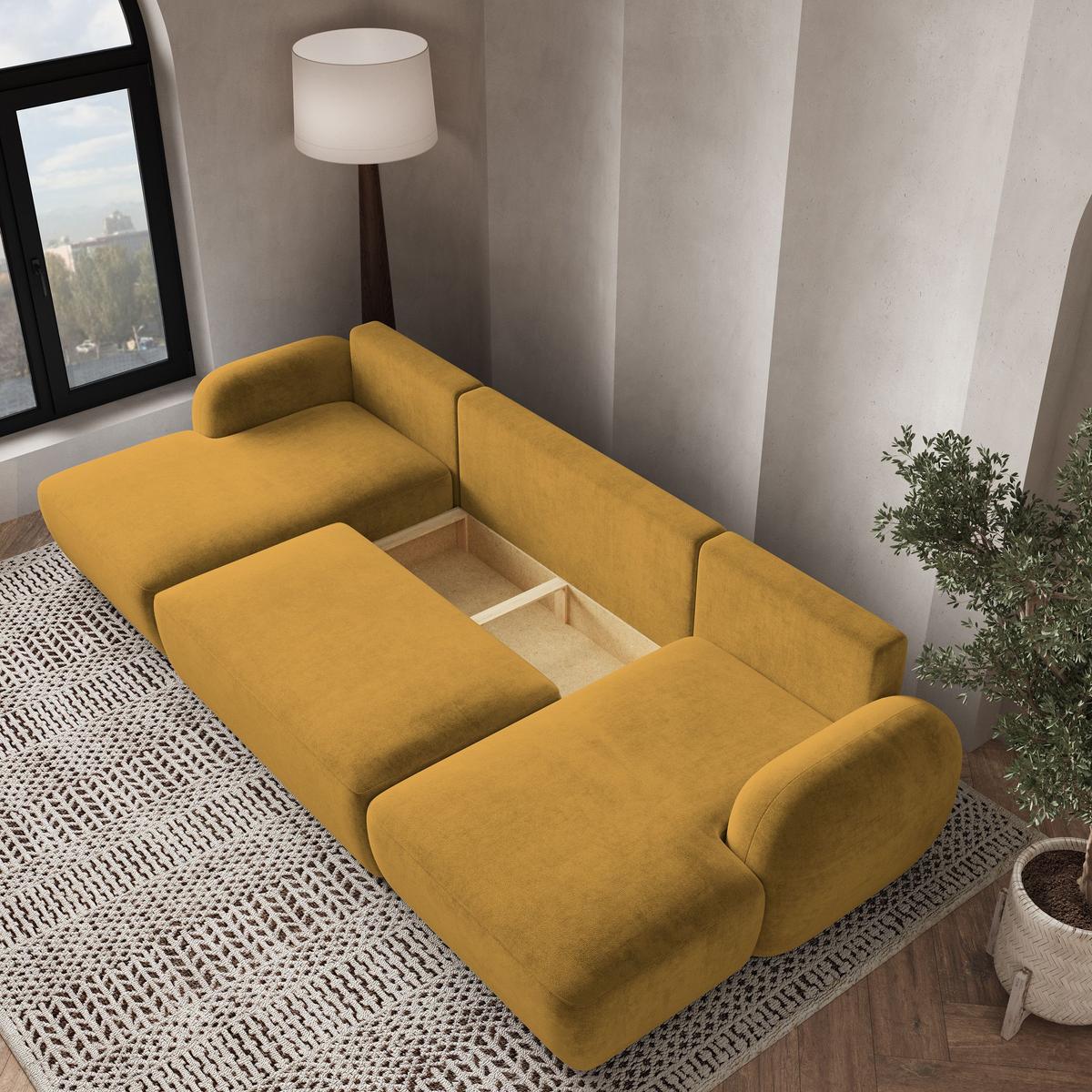 WOHNLANDSCHAFT SAVONA K Gelb Plüsch-Stoff mit Schlaffunktion - Gelb/Schwarz, Holz/Kunststoff (320/90/148cm) - MASSENO