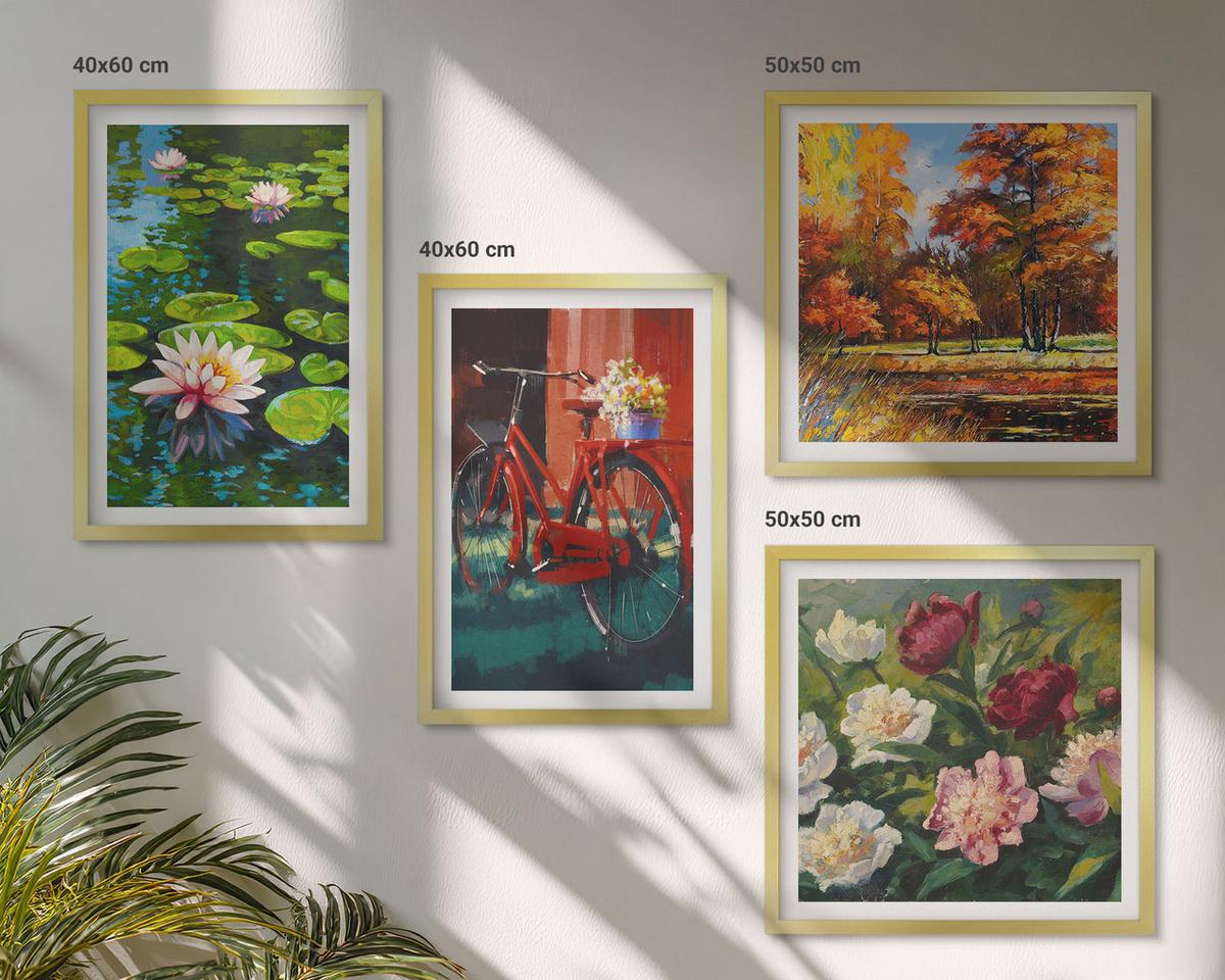 BILDER SET 4er Set - 50x50 cm & 40x60 cm Goldrahmen - Seerosen, Fahrradblumen - Goldfarben, Kunststoff (50/50cm) - TULUP