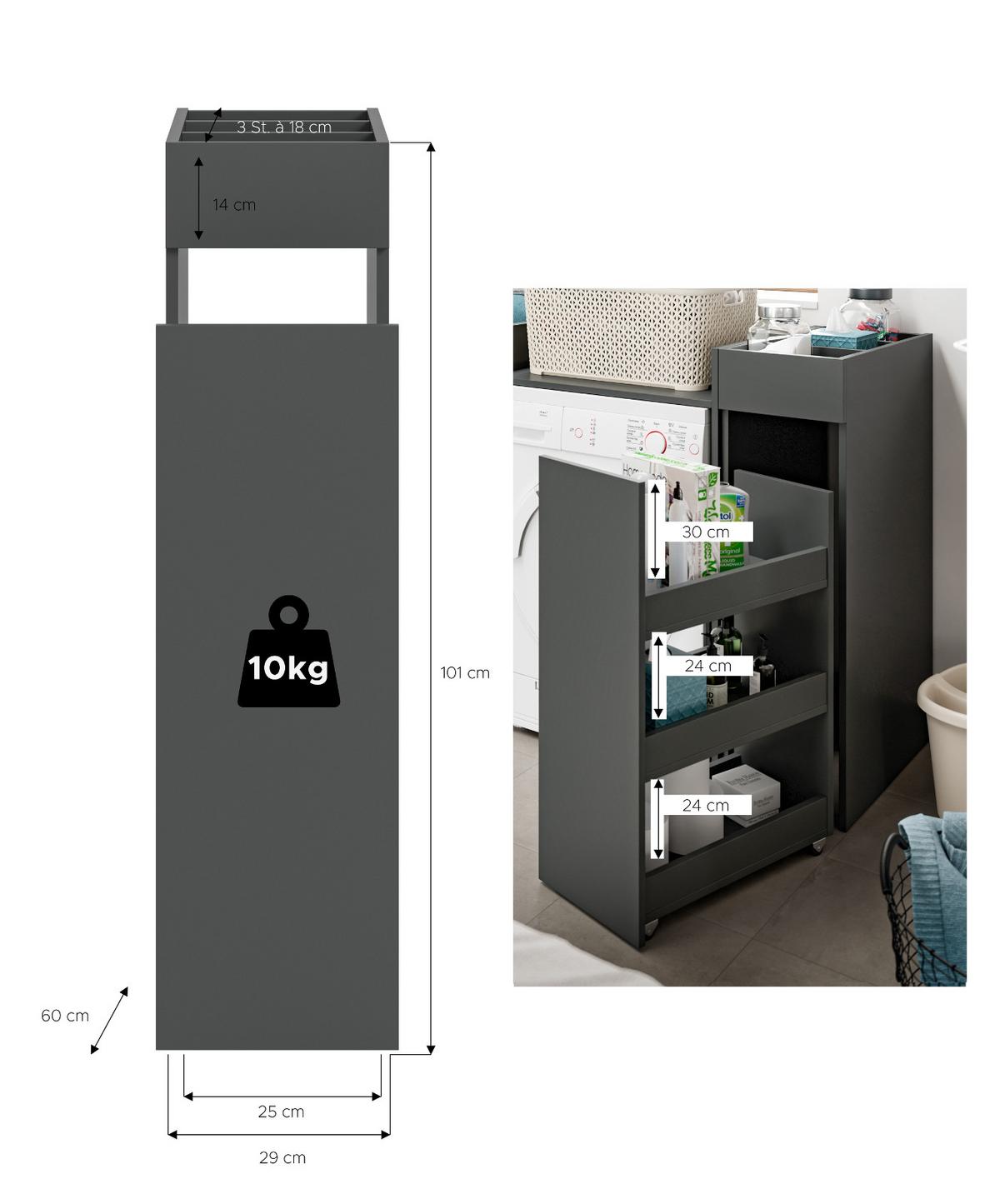 BADSCHRANK grau, Anstellregal mit Apothekerauszug 29 x 101 cm - Schwarz/Grau, Holzwerkstoff/Metall (29/101/60cm) - Inn.Furn