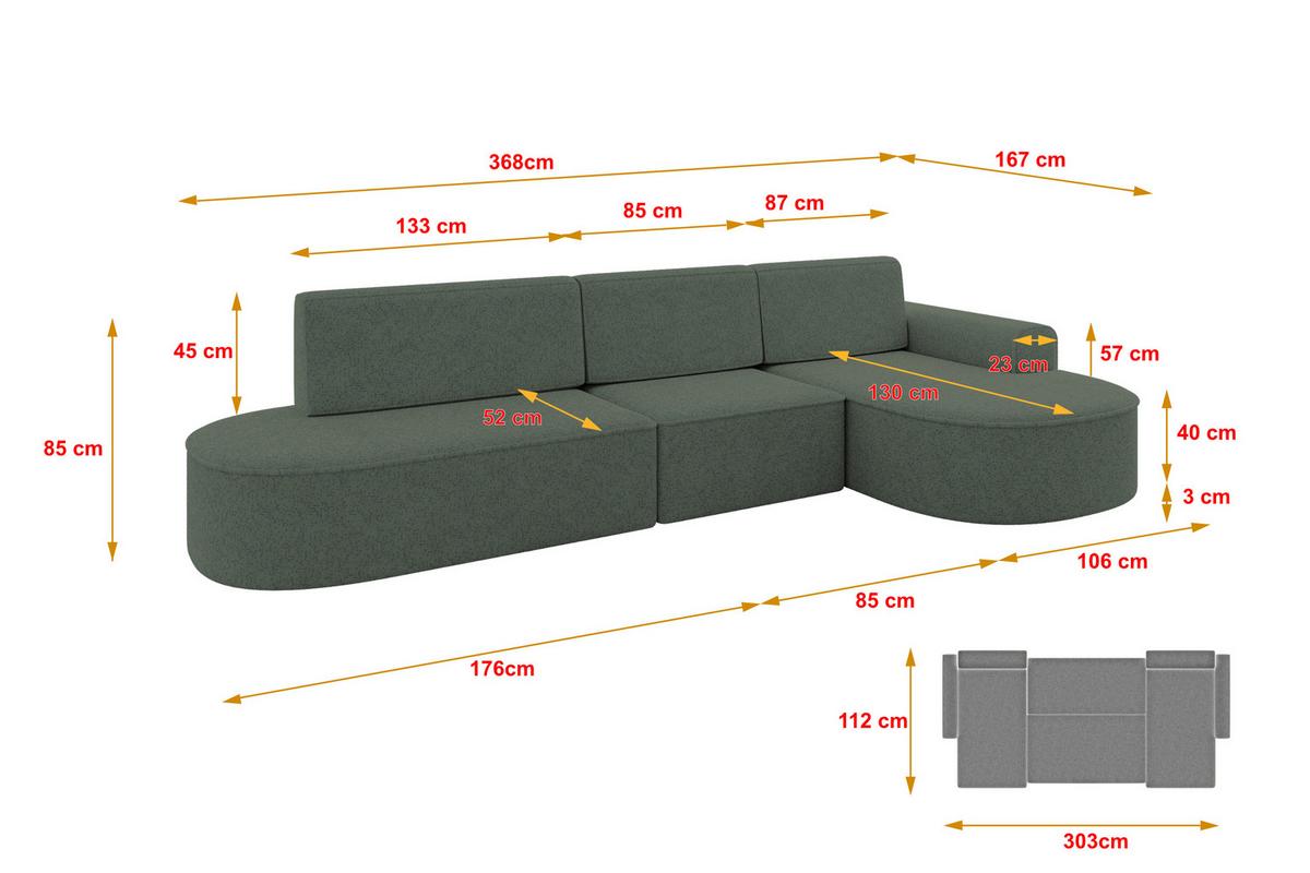 ECKSOFA mit Schlaffunktion Ottomane RECHTS MARI L2-S 368X167X85 Grün Velours - Schwarz/Hellgrün, Holzwerkstoff/Kunststoff (167/368cm) - ALTDECOR