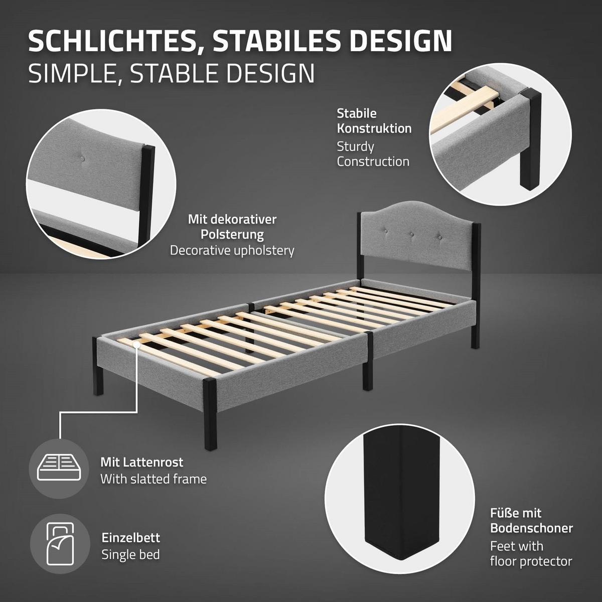 POLSTERBETT 90x200 cm Grau mit Lattenrost und Leinenstoff - Grau, Holzwerkstoff/Textil (90/200cm) - ML-DESIGN