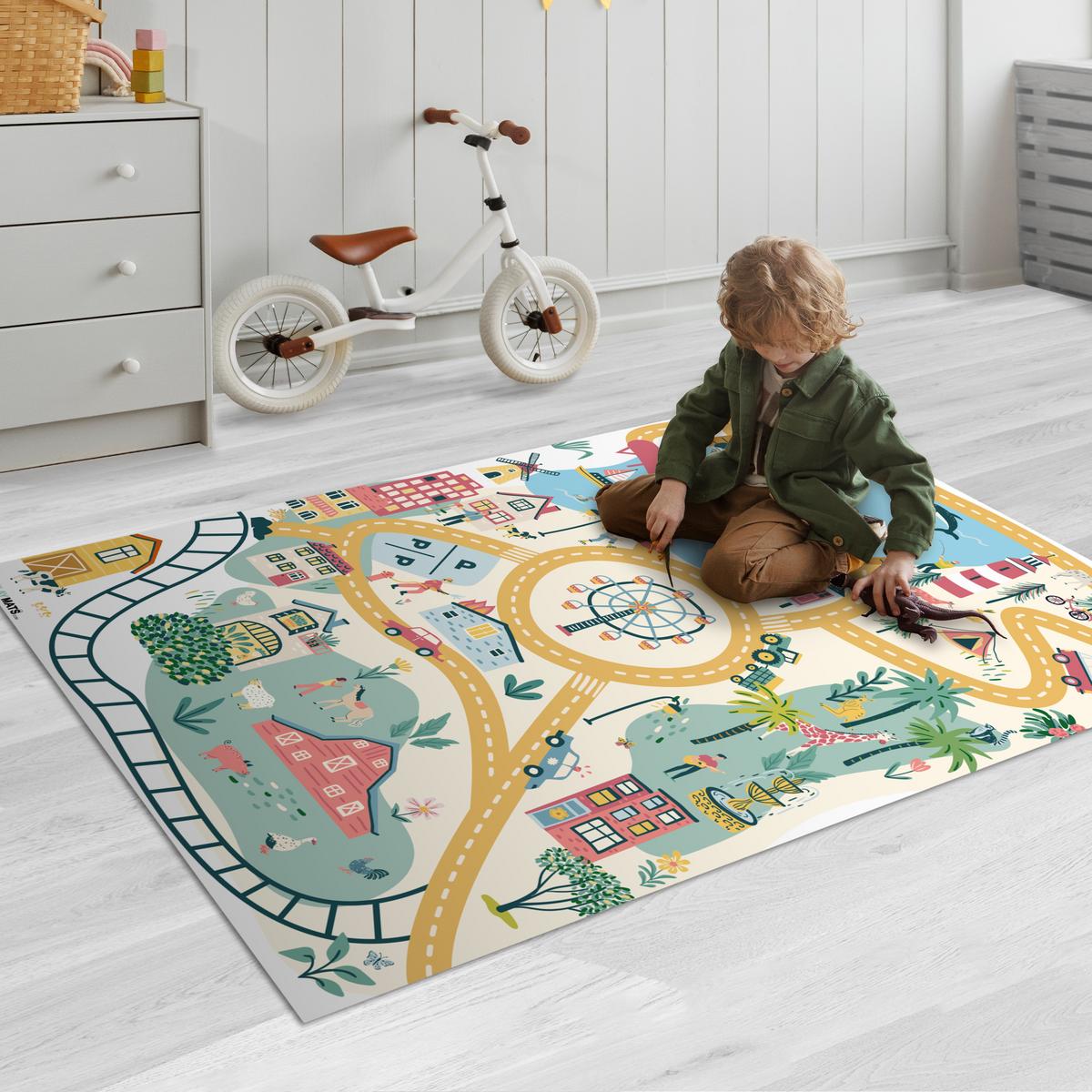 KINDERTEPPICH Riesenrad - Stadt - Tiere - Auto - Kinder Kinderzimmer 90x135 cm - Multicolor, Kunststoff (90/0.3cm) - OnlyWow