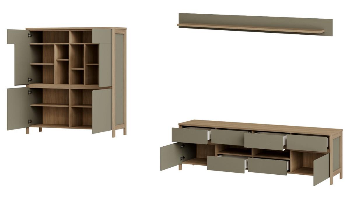 WOHNWAND Salbei grün, Eiche, Wohnkombination skandinavisch 3-teilig 319 cm, Soft-Close - Salbeigrün/Eichefarben, Glas/Holzwerkstoff (319/170/39cm) - Furn.Design