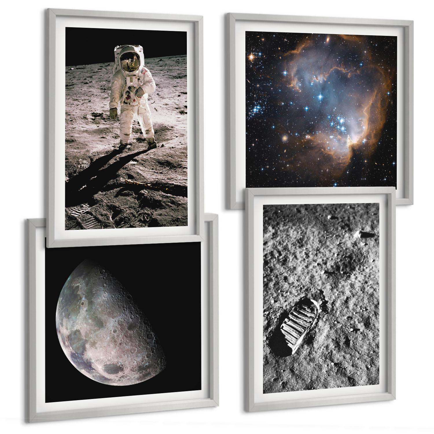 BILDER SET 4er Set - 50x50 cm & 40x60 cm Silberner Rahmen - Astronautenfoto vom Mond - Silberfarben, Kunststoff (50/50cm) - TULUP