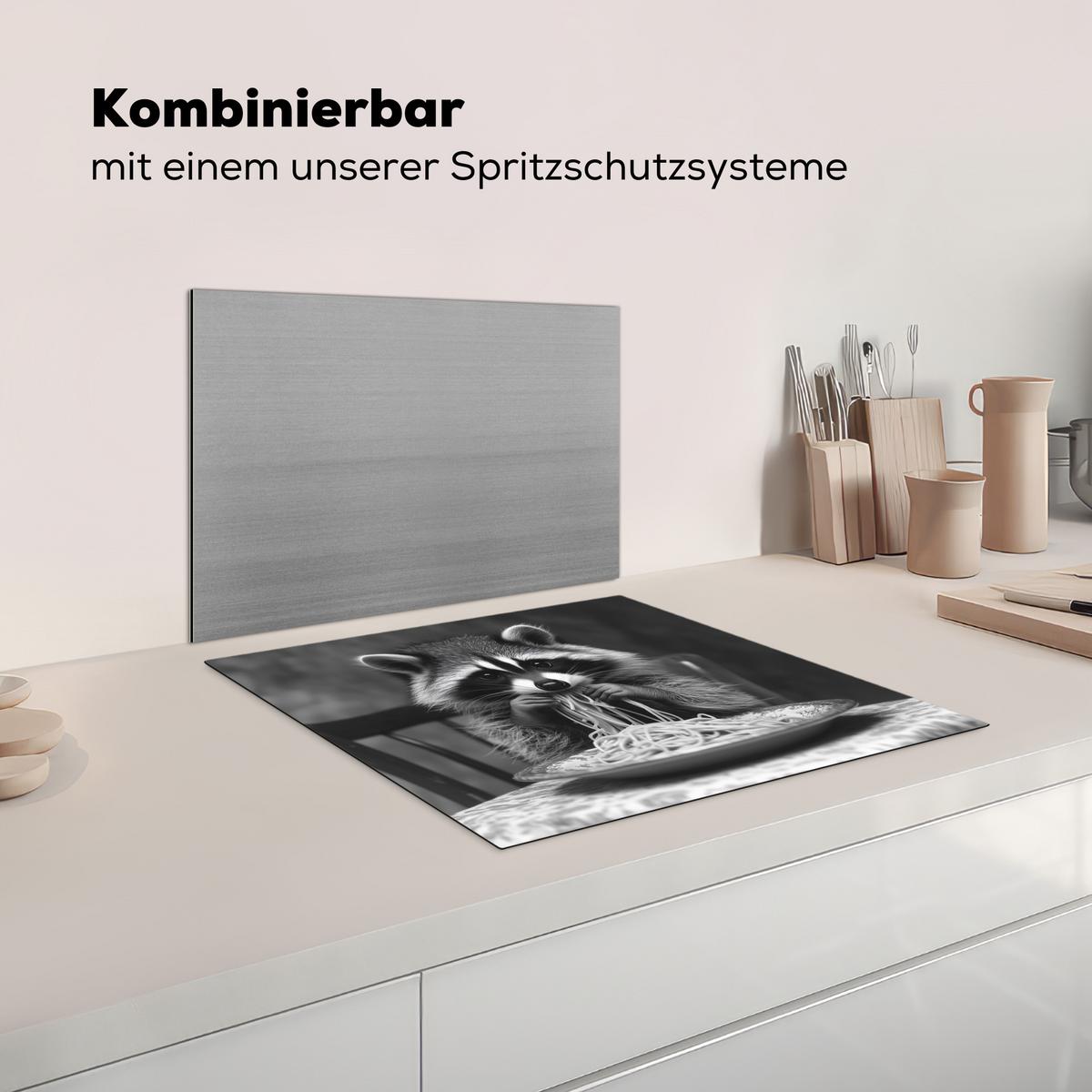 HERDABDECKPLATTE Waschbär - Niedlich - Pasta - Tischtuch - Schwarz - Weiß Ceranfeldabdeckung 59x52 cm - Grau, Kunststoff (59/52/0.2cm) - MuchoWow