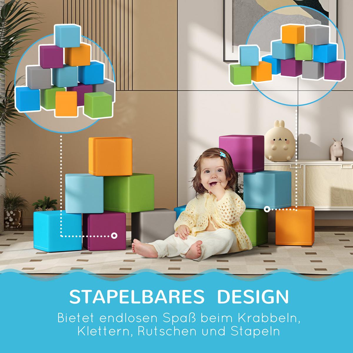 BAUSTEINSET 12er-Set Schaumstoff Bausteine Bauspielzeug für 1-3 Jahre Kinder - Blau/Multicolor, Kunststoff (20/20/20cm) - HOMCOM