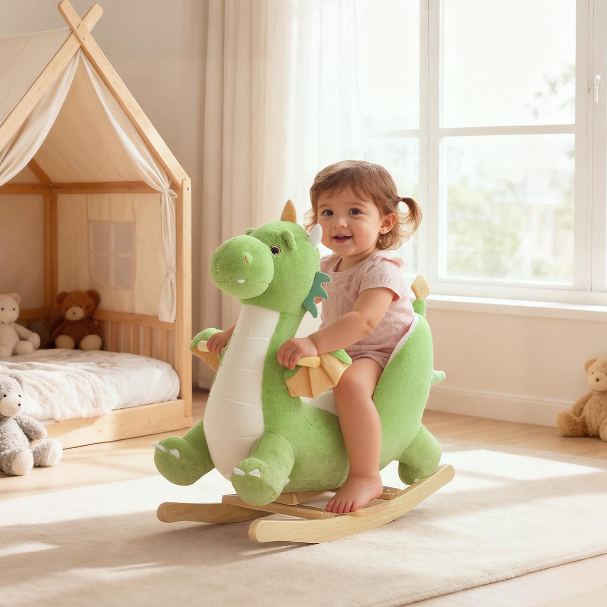 SCHAUKELTIER Dinosaurier-Schaukel interaktive Tiergeräusche weiche Füllung Grün - Grün, Textil (39/66/73cm) - AIYAPLAY