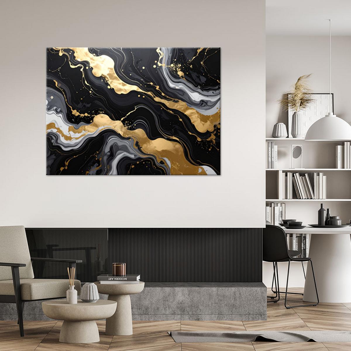 WANDBILD, Schwarze Abstrakt Marmor Glamour - Schwarz, Textil (90/60cm) - Feeby