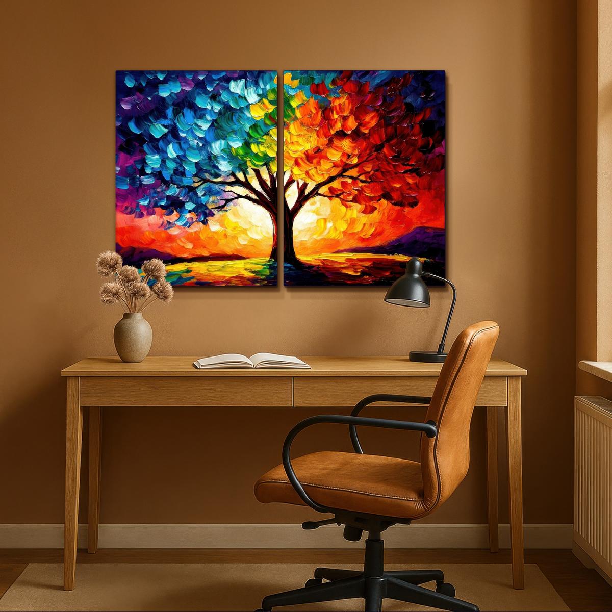 LEINWANDBILD 2er Set Baum - Farbenfroh - Malerei-Look - Abstrakt 100x70 cm - Multicolor, Textil (100/70cm) - MuchoWow