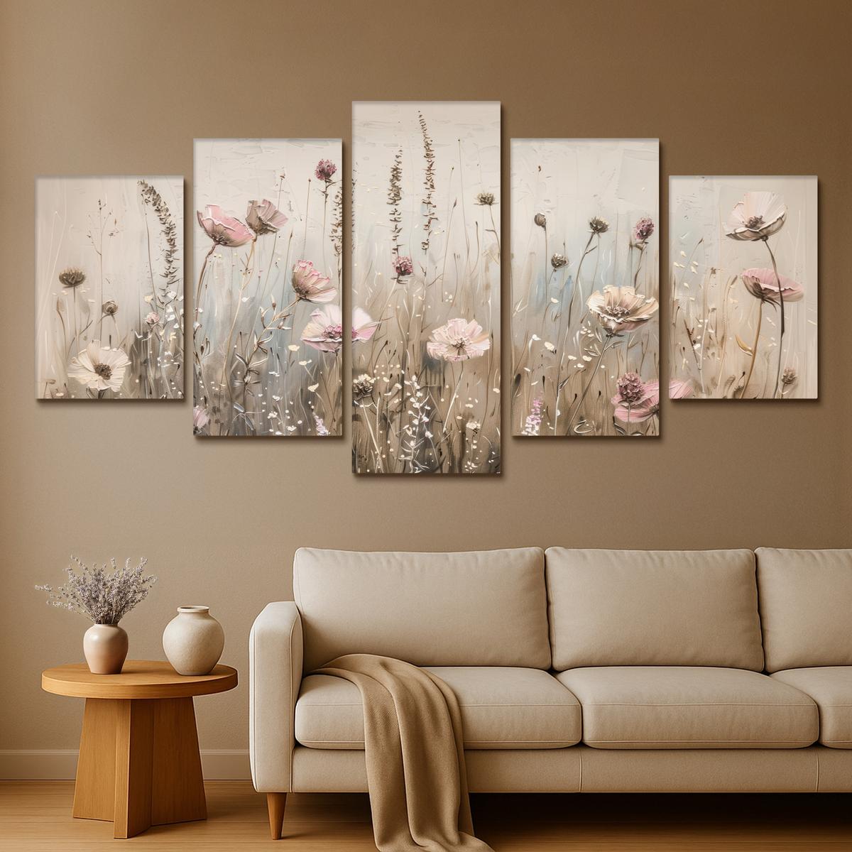 LEINWANDBILD 5er Set Blumen - Beige - Modern - Rosa 200x100 cm - Ecru, Textil (200/100cm) - MuchoWow