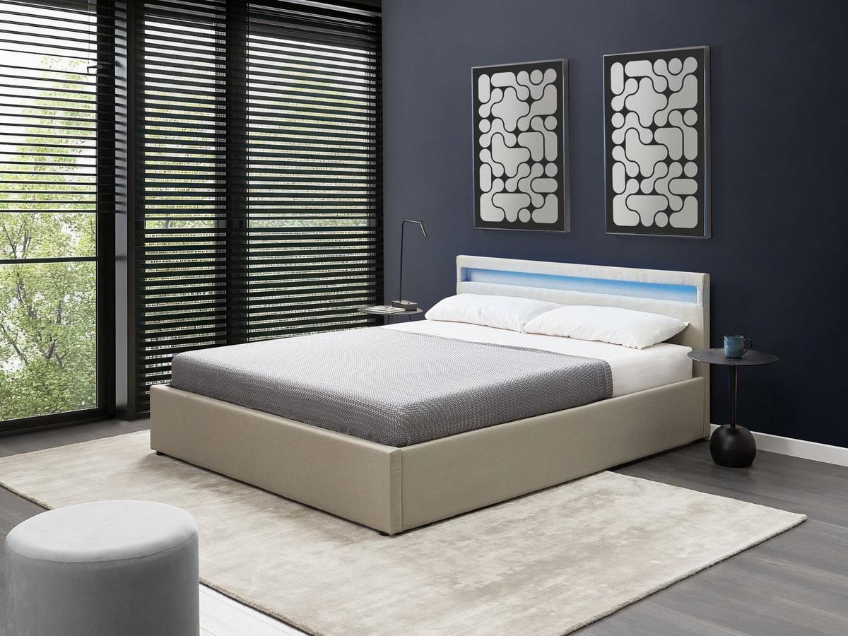 BETT mit Stauraum und LED-Beleuchtung 160/200 cm Stoff Beige Armelle - Beige, Textil (160/200cm) - Beliani